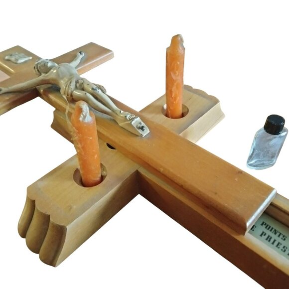 Antique Wooden Wall Crucifix With Hidden Compartment Candles Holy Water Bottle - Picture 8 of 16